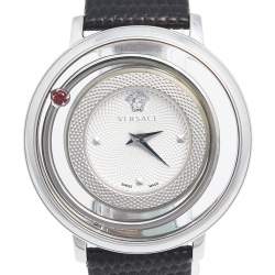 Pre Owned Versace Silver Stainless Steel Leather Venus VFH Women's Wristwatch 39 mm