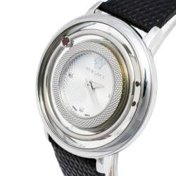Pre Owned Versace Silver Stainless Steel Leather Venus VFH Women's Wristwatch 39 mm