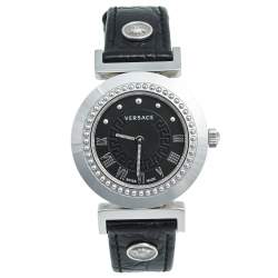 Pre Owned Versace Black Stainless Steel Leather Vanity P5Q Women's Wristwatch 35 mm