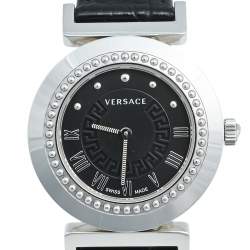 Pre Owned Versace Black Stainless Steel Leather Vanity P5Q Women's Wristwatch 35 mm