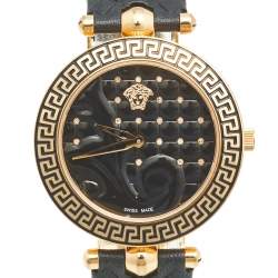 Pre Owned Versace Black Rose Plated Stainless Steel Leather Vanitas VK7070013 Women's Wristwatch 40 mm 