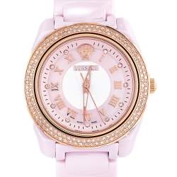 مملوكة مسبقًا Versace Pink Mother of Pearl Pink Ceramic Rose Gold Plated Stainless Steel DV One 63QCP5 Women's Wristwatch 35 mm