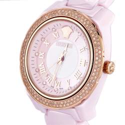 مملوكة مسبقًا Versace Pink Mother of Pearl Pink Ceramic Rose Gold Plated Stainless Steel DV One 63QCP5 Women's Wristwatch 35 mm