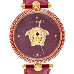 مملوكة مسبقًا Versace Red Yellow Gold Plated Stainless Steel Leather Palazzo VCO120017 Women's Wristwatch 39 mm