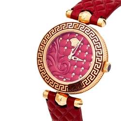 Pre Owned Versace Red Rose Gold Plated Stainless Steel Leather Vanitas VQM Women's Wristwatch 30 mm