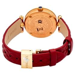 Pre Owned Versace Red Rose Gold Plated Stainless Steel Leather Vanitas VQM Women's Wristwatch 30 mm