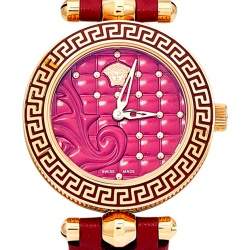 Pre Owned Versace Red Rose Gold Plated Stainless Steel Leather Vanitas VQM Women's Wristwatch 30 mm