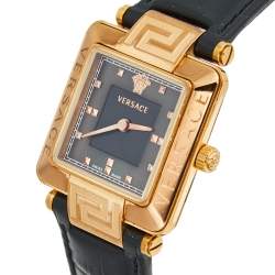 Pre Owned Versace Black Rose Gold Plated Stainless Steel Leather Reve Carre 88Q Women's Wristwatch 30 mm