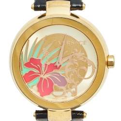 Pre Owned Versace Gold Plated Stainless Steel Leather Mystique Hibiscus I9Q80D2HIS009 Women's Wristwatch 38 mm