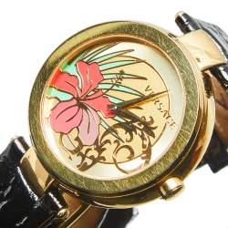 Pre Owned Versace Gold Plated Stainless Steel Leather Mystique Hibiscus I9Q80D2HIS009 Women's Wristwatch 38 mm