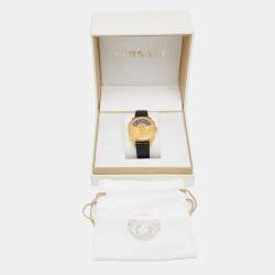 Pre Owned Versace Black Yellow Gold Plated Stainless Steel Leather Dylos VQU Women's Wristwatch 38 mm 