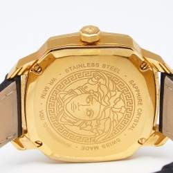 Pre Owned Versace Black Yellow Gold Plated Stainless Steel Leather Dylos VQU Women's Wristwatch 38 mm 