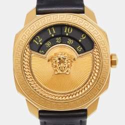 Pre Owned Versace Black Yellow Gold Plated Stainless Steel Leather Dylos VQU Women's Wristwatch 38 mm 