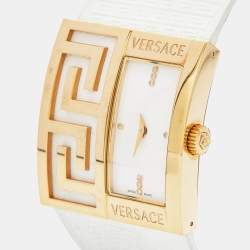 Pre Owned Versace White Gold Tone Stainless Steel V-Greca 64Q Women's Wristwatch 36 mm