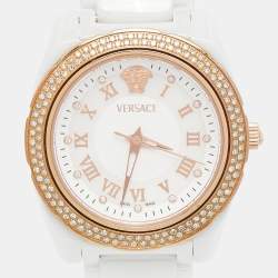 Pre Owned Versace White Mother Of Pearl Ceramic Diamond DV One 63QCP11 Women's Wristwatch 35 mm