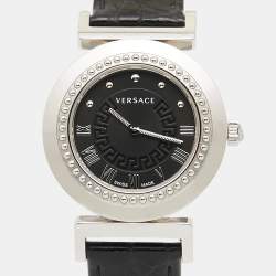 Pre Owned Versace Black Stainless Steel Leather Vanity P5Q Women's Wristwatch 35 mm