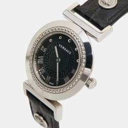 Pre Owned Versace Black Stainless Steel Leather Vanity P5Q Women's Wristwatch 35 mm