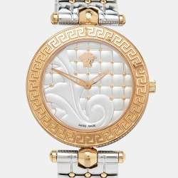 Pre Owned Versace Silver Two Tone Stainless Steel Leather Vanitas VK7 Women's Wristwatch 40 mm 