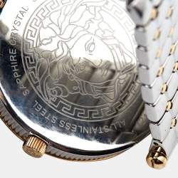 Pre Owned Versace Silver Two Tone Stainless Steel Leather Vanitas VK7 Women's Wristwatch 40 mm 