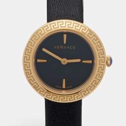 Pre Owned Versace Black Gold Plated Stainless Steel Leather Medusa Stud Icon VERF00318 Women's Wristwatch 28 mm