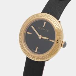 Pre Owned Versace Black Gold Plated Stainless Steel Leather Medusa Stud Icon VERF00318 Women's Wristwatch 28 mm