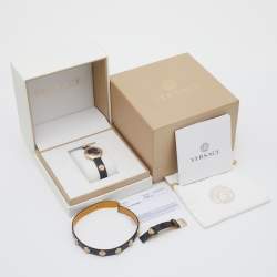 Pre Owned Versace Black Gold Plated Stainless Steel Leather Medusa Stud Icon VERF00318 Women's Wristwatch 28 mm