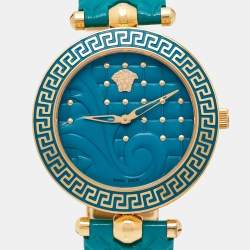 Pre Owned Versace Turquoise Rose Gold Plated Stainless Steel Leather Vanitas VK7130014 Women's Wristwatch 40 mm