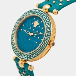 Pre Owned Versace Turquoise Rose Gold Plated Stainless Steel Leather Vanitas VK7130014 Women's Wristwatch 40 mm
