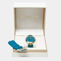 Pre Owned Versace Turquoise Rose Gold Plated Stainless Steel Leather Vanitas VK7130014 Women's Wristwatch 40 mm