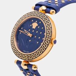 Pre Owned Versace Blue Rose Gold Plated Stainless Steel Leather Vanitas VK7040013 Women's Wristwatch 40 mm