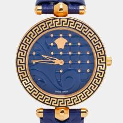 Pre Owned Versace Blue Rose Gold Plated Stainless Steel Leather Vanitas VK7040013 Women's Wristwatch 40 mm
