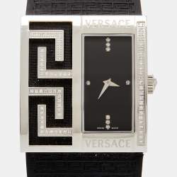 Pre Owned Versace Black Diamonds Stainless Steel Leather  V-Greca 64Q Women's Wristwatch 36 mm