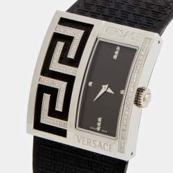 Pre Owned Versace Black Diamonds Stainless Steel Leather  V-Greca 64Q Women's Wristwatch 36 mm