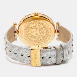 Pre Owned Versace Silver Rose Gold Plated Stainless Steel Leather Vanitas VK7 Women's Wristwatch 40 mm 