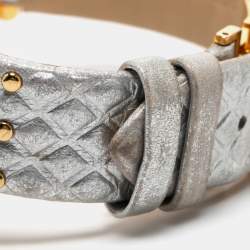 Pre Owned Versace Silver Rose Gold Plated Stainless Steel Leather Vanitas VK7 Women's Wristwatch 40 mm 