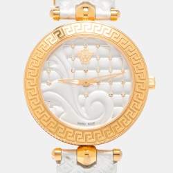 Pre Owned Versace Silver Rose Gold Plated Stainless Steel Leather Vanitas VK7 Women's Wristwatch 40 mm 