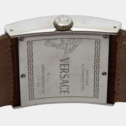 Pre Owned Versace White Stainless Steel Leather V-Greca 64Q91 Women's Wristwatch 36 mm