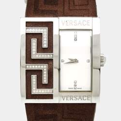 Pre Owned Versace White Stainless Steel Leather V-Greca 64Q91 Women's Wristwatch 36 mm