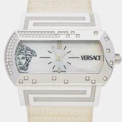 Pre Owned Versace Mother of Pearl Diamond Stainless Steel Lizard PSQ99 Women's Wristwatch 40 mm
