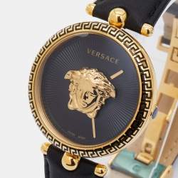 Versace Black Gold Plated Stainless Steel Leather Palazzo VCO Women's Wristwatch 39 mm