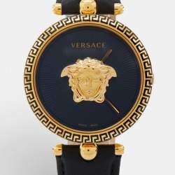 Versace Black Gold Plated Stainless Steel Leather Palazzo VCO Women's Wristwatch 39 mm