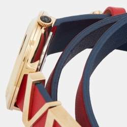Pre Owned Versace Silver Gold Plated Stainless Steel Leather V-Flare VEBN00418 Women's Wristwatch 28 mm