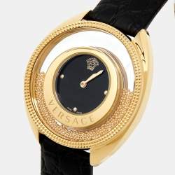 Pre Owned Versace Black Gold Plated Stainless Steel Leather Destiny Spirit 86Q Women's Wristwatch 39 mm