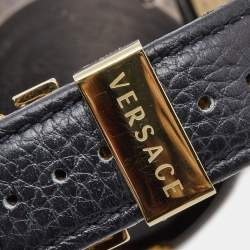 Pre Owned Versace Black Two Tone Stainless Steel Leather V-Metal Icon VQL03 0015 Unisex Wristwatch 46 mm 