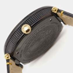 Pre Owned Versace Black Two Tone Stainless Steel Leather V-Metal Icon VQL03 0015 Unisex Wristwatch 46 mm 