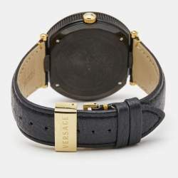 Pre Owned Versace Black Two Tone Stainless Steel Leather V-Metal Icon VQL03 0015 Unisex Wristwatch 46 mm 