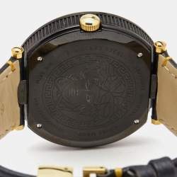 Pre Owned Versace Black Two Tone Stainless Steel Leather V-Metal Icon VQL03 0015 Unisex Wristwatch 46 mm 