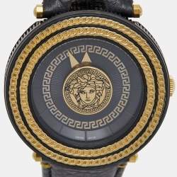 Pre Owned Versace Black Two Tone Stainless Steel Leather V-Metal Icon VQL03 0015 Unisex Wristwatch 46 mm 