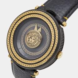 Pre Owned Versace Black Two Tone Stainless Steel Leather V-Metal Icon VQL03 0015 Unisex Wristwatch 46 mm 