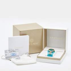 Pre Owned Versace Aqua Blue Rose Gold Plated Stainless Steel Leather V Signature VLA080014 Women's Wristwatch 35 mm